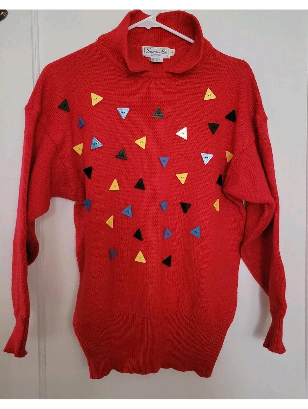 VTG 80s Bee Banff Wool Sweater Women’s M Red Colorful Abstract Buttons Unique